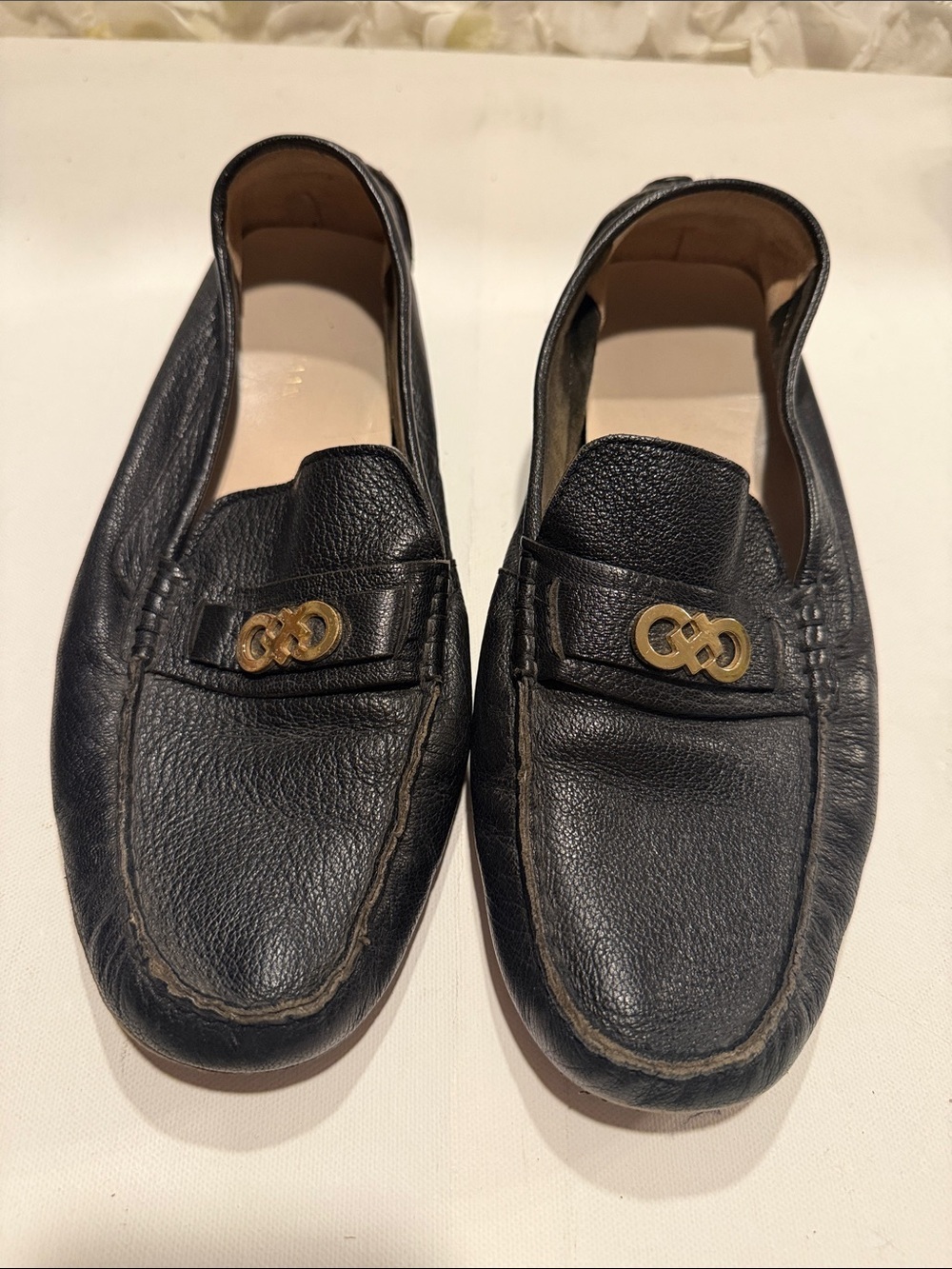 Cole Haan Black Leather Loafers with Gold Hardware